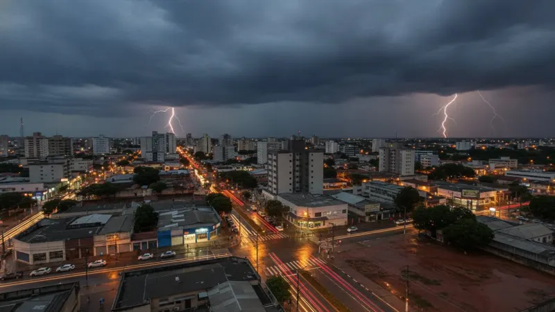Céu escuro com nuvens de tempestade sobre uma cidade em Goiás