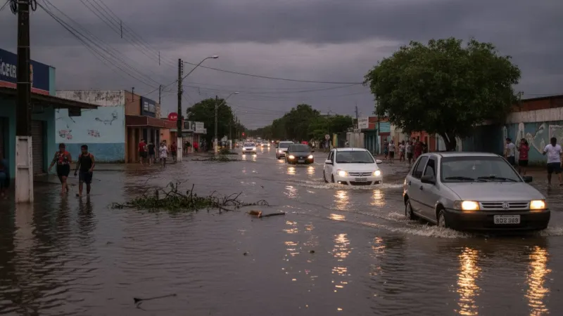 Ruas de Campo Grande alagadas após tempestade com granizo, carros trafegando com dificuldade