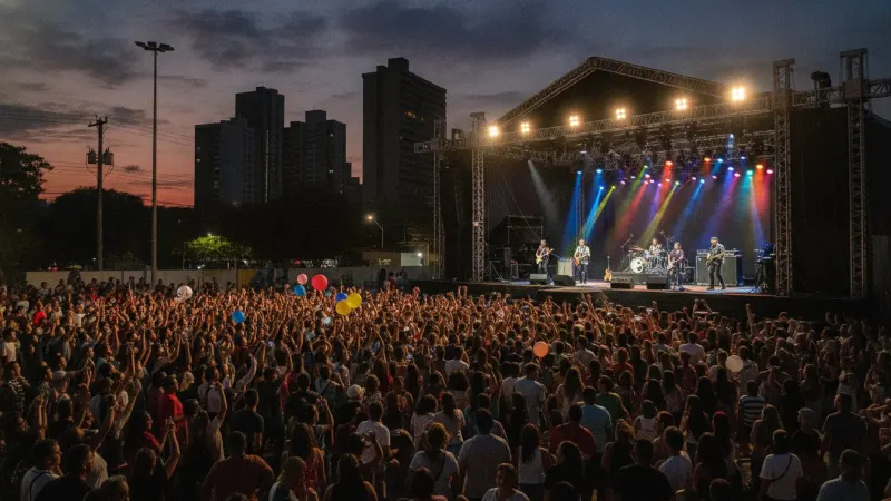 Pessoas assistindo a um show de música ao ar livre à noite em Goiânia, com palco iluminado e multidão animada