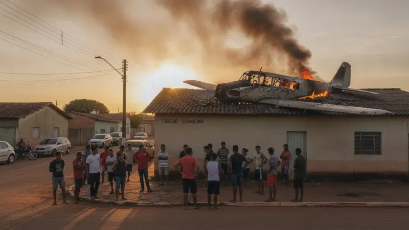 Avião agrícola em chamas sobre a Creche Coralina, bairro Jardim América, Campo Verde, MT