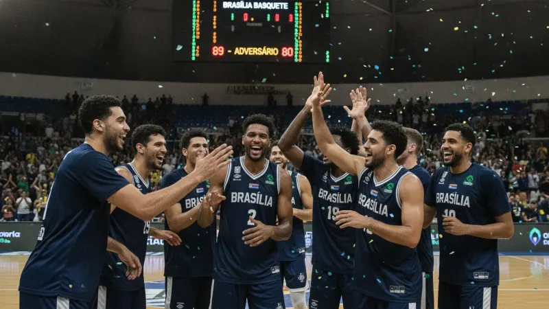 Jogadores do Brasília Basquete comemoram vitória em quadra de basquete em Belo Horizonte.