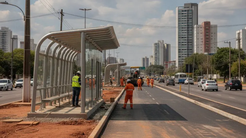 Obras do BRT em Cuiabá com estação avançada e corredor viário