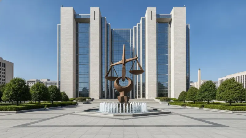 Edifício do Supremo Tribunal Federal em Brasília, com foco na arquitetura imponente e no ambiente de decisão judicial.
