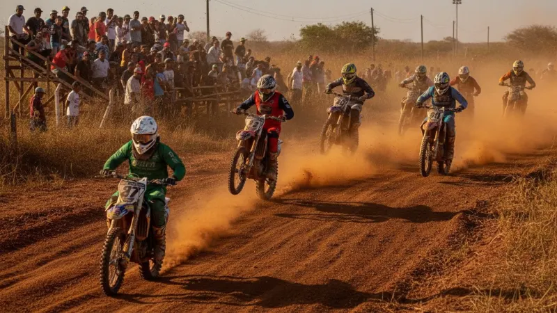 Pilotos de motocross em alta velocidade na pista de terra em Chapadão do Sul, Mato Grosso do Sul, durante a final do Campeonato Estadual.