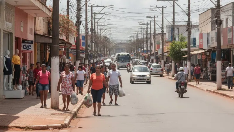 Movimentação em rua comercial de Campo Grande, Mato Grosso do Sul, com pessoas caminhando e vitrines de lojas ao fundo, em um dia ensolarado.