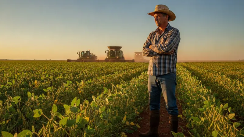 Produtor rural no Centro-Oeste verificando lavoura de soja com máquinas agrícolas ao fundo