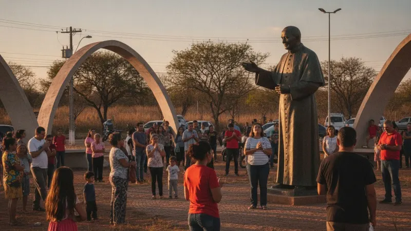 Santuário Eucarístico São João Paulo II em Cuiabá, Mato Grosso, ao pôr do sol, com fiéis visitando o local e a escultura do Papa em destaque.