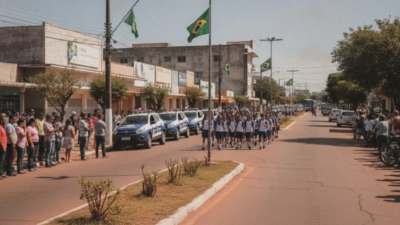 Desfile cívico-militar com bandeiras, veículos da Guarda Civil e público nas calçadas da Avenida 24 de Outubro, Goiânia