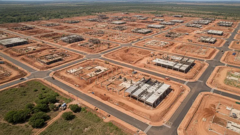 Vista aérea do Distrito Agroindustrial Norberto Teixeira (Dianot) em Aparecida de Goiânia, com canteiros de obras e infraestrutura em desenvolvimento, simbolizando crescimento econômico.