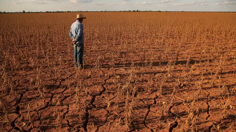 Campo de soja no Centro-Oeste com solo seco e céu nublado, indicando irregularidade climática