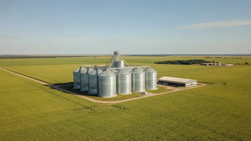 Silos de armazenagem de grãos em uma fazenda no Mato Grosso (imagem ilustrativa gerada por IA)