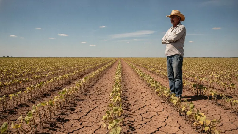 Lavoura de soja em Mato Grosso com solo seco e rachado, sob céu azul com poucas nuvens.