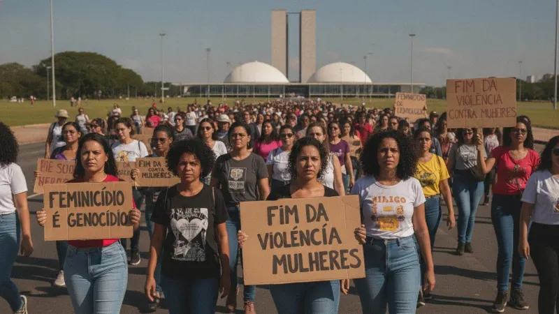 Mulheres em manifestação contra a violência de gênero em Brasília, DF