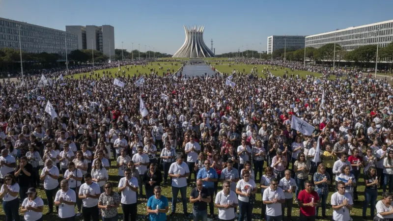 Multidão de fiéis reunidos na Esplanada dos Ministérios em Brasília durante celebração religiosa