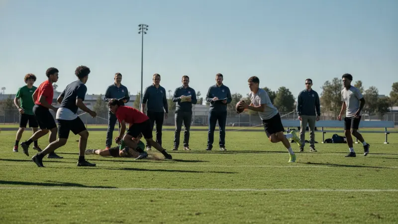 Jovens atletas jogam futebol em campo de gramado, com observadores técnicos ao fundo, durante a IberLeague Goiás em Goiânia.