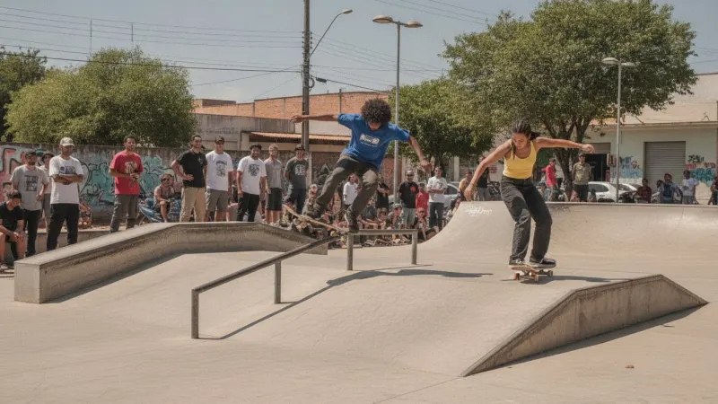Skatistas competindo na pista de skate do Setor dos Funcionários em Goiânia durante a Seletiva Goiana de Skateboard Street 2026.