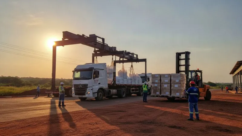Caminhões e contêineres em um terminal de carga em Goiás, com produtos agrícolas sendo preparados para exportação.