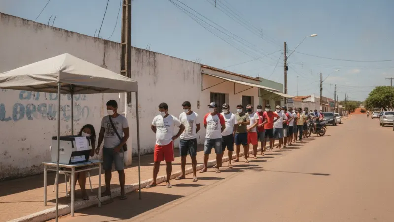 Eleitores em fila na frente de urna eletrônica em Campo Grande, MS, na manhã de domingo