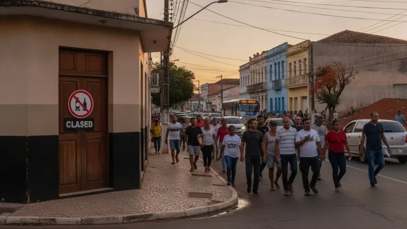 Balcão de bar vazio com sinal de proibição de álcool durante a votação em Goiânia, Goiás