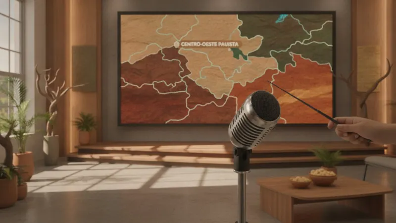 Jornalista apresentando destaques culturais em um estúdio de TV ou em frente a um mapa do Centro-Oeste Paulista