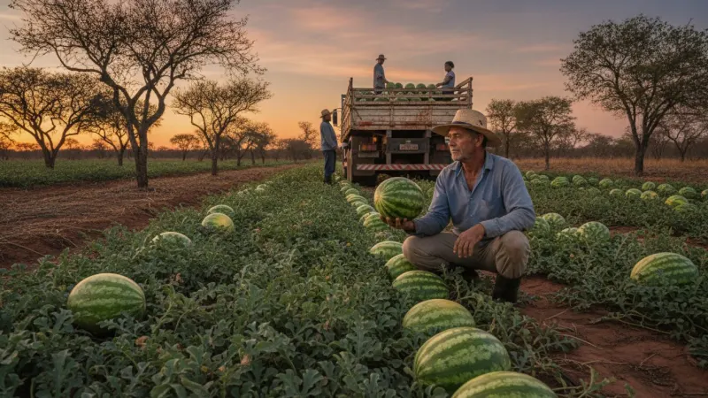 Produtor rural em plantação de melancia em Britânia, Goiás, com caminhão ao fundo