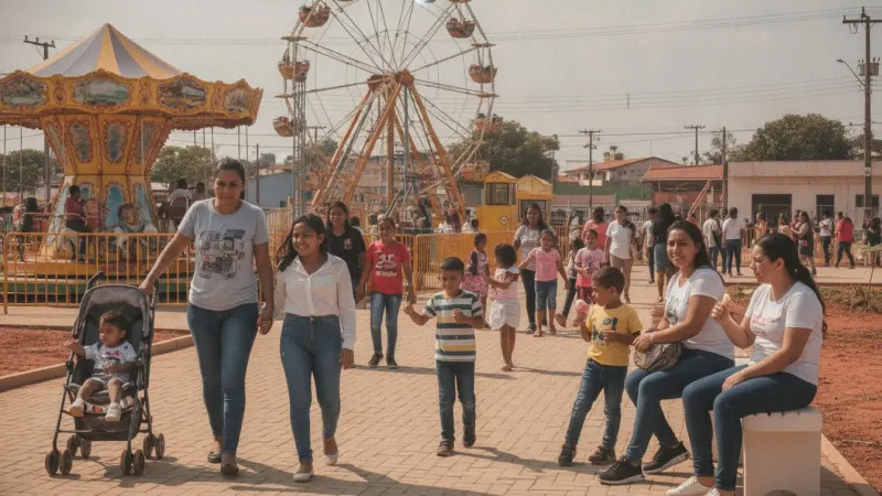 Crianças e famílias se divertindo no Parque Mutirama em Goiânia após a reabertura, com brinquedos coloridos ao fundo.