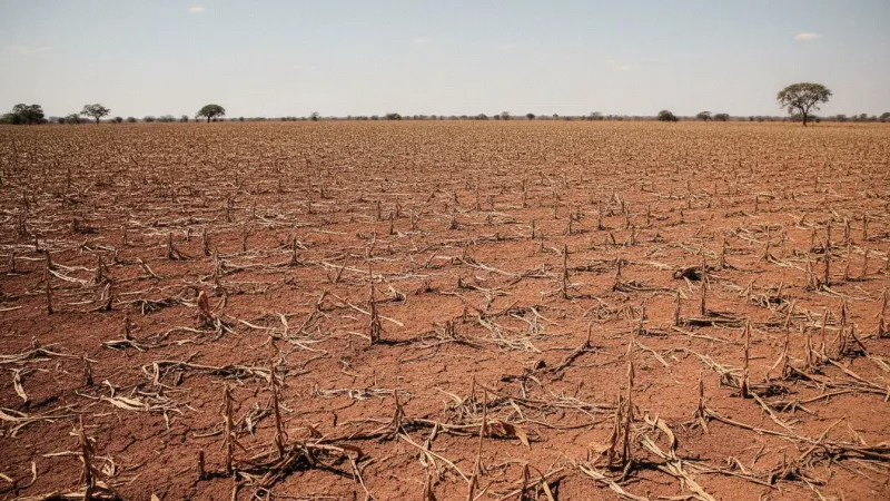Vista aérea de uma plantação de soja sob sol forte no Centro-Oeste do Brasil, simbolizando o impacto do El Niño na agricultura.