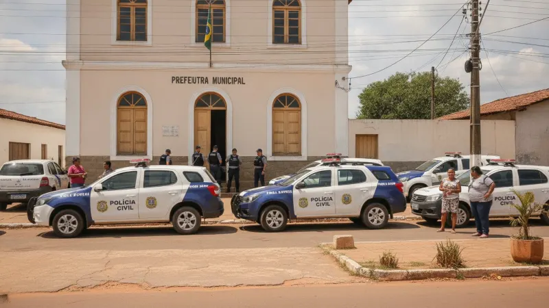 Policiais civis em frente à Prefeitura de Nossa Senhora do Livramento, Mato Grosso, durante operação contra corrupção.