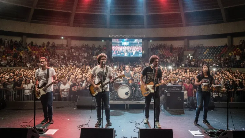 Banda Pixies se apresentando em um palco iluminado com público ao fundo no Ginásio Nilson Nelson em Brasília.