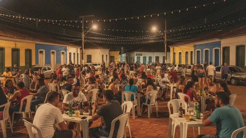 Praça da Mandioca iluminada à noite com pessoas e bares ao redor, patrimônio cultural em Cuiabá, Mato Grosso.