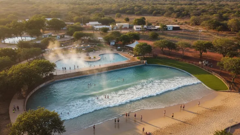 Vista aérea do Hot Park em Rio Quente, Goiás, com piscinas de águas quentes e a Praia do Cerrado, cercado pela vegetação do Cerrado ao amanhecer.