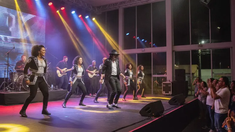 Rodrigo Teaser, vestido como Michael Jackson, performando no palco com banda e bailarinos, em um show de luzes vibrantes.