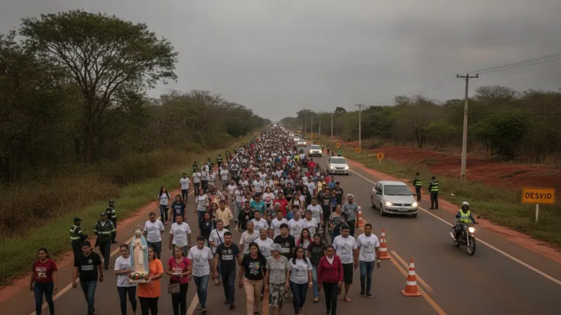 Fiéis em caminhada na BR-163 durante a Romaria de Nossa Senhora Aparecida em Dourados, MS.