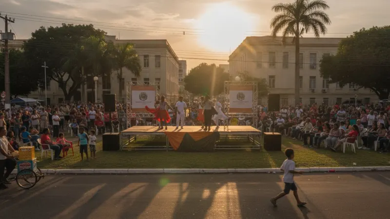 Pessoas em evento cultural em Goiás, com logotipos de fomento à cultura ao fundo.