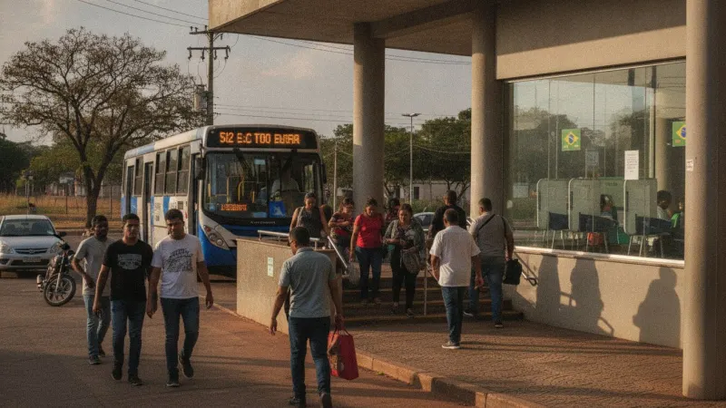 Ônibus e metrô em Brasília, com pessoas embarcando, simbolizando o transporte gratuito no dia da eleição no Distrito Federal.