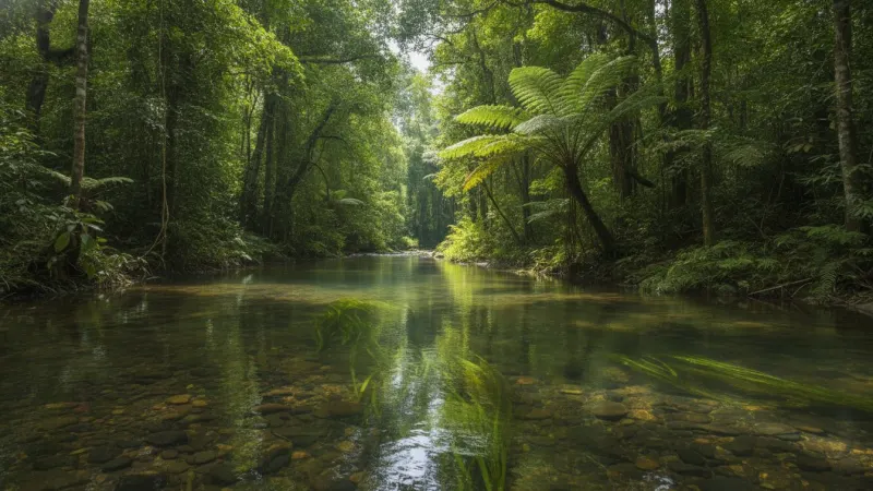 Cenário de rio de águas cristalinas com vegetação exuberante e turista praticando flutuação em Bonito, Mato Grosso do Sul